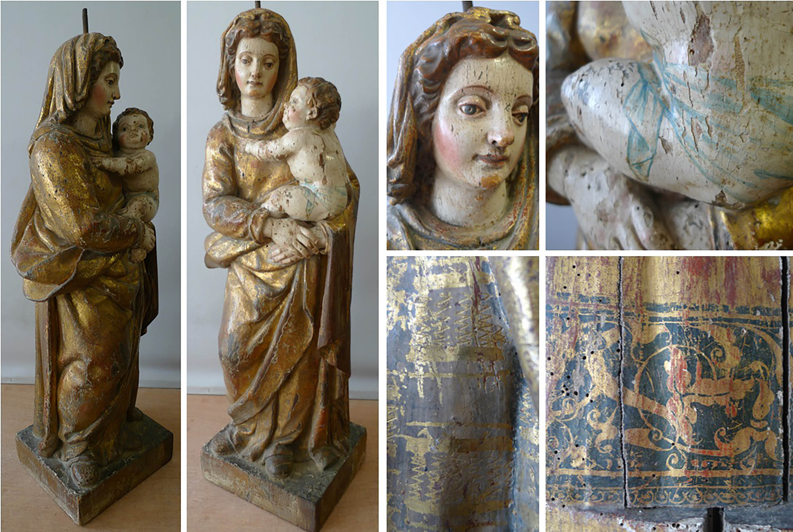 Vierge à l'Enfant associée au retable, bois polychromé et doré, décors gravés et de sgraffito